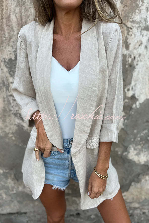 Olivia Linen Blend Lace Trim Half Sleeve Lapel Relaxed Blazer