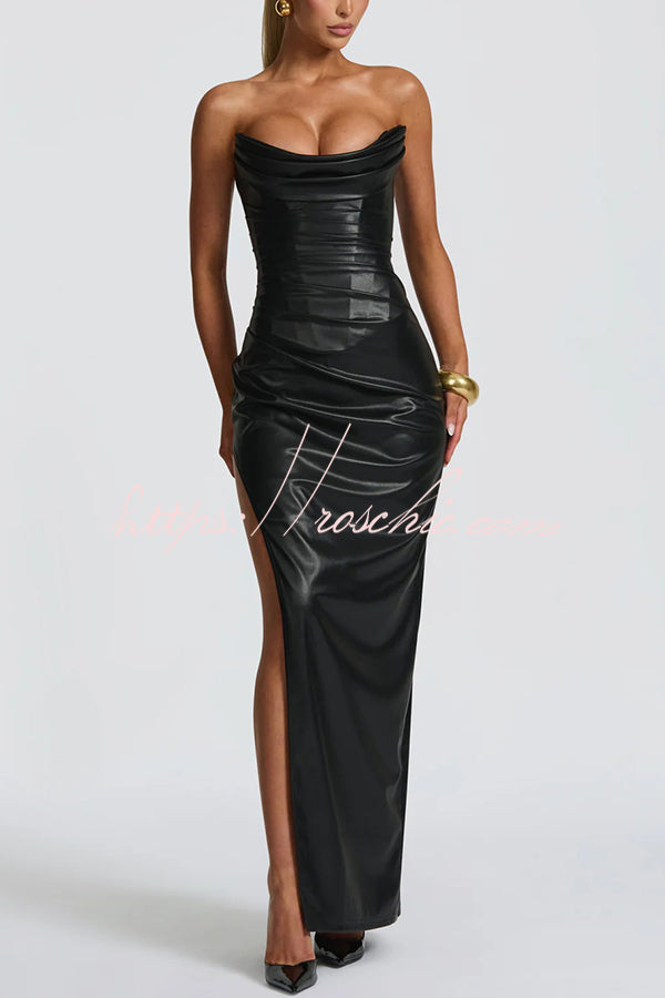 Alba Faux Leather Pleated Off Shoulder Neck Slit Stretch Maxi Dress