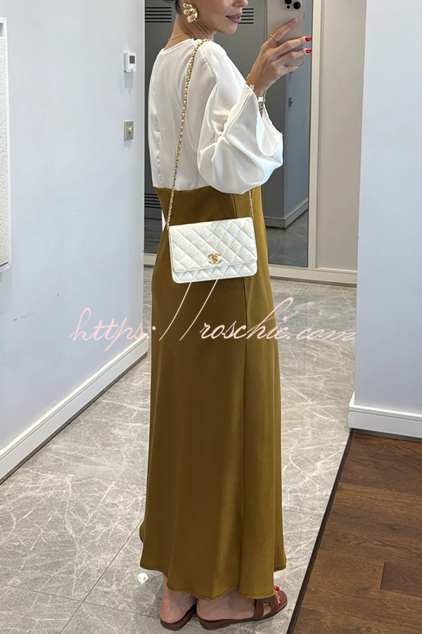 Lainei Contrast Color Satin Lace Trim V-neck Long Sleeve Maxi Dress