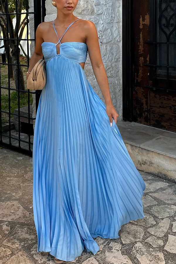 Caught Your Eye Satin Pleated Cross Straps Cutout Flowing Maxi Dress, Blue / M Caught Your Eye Satin Pleated Cross Straps Cutout Flowing Maxi Dress, Blue / M