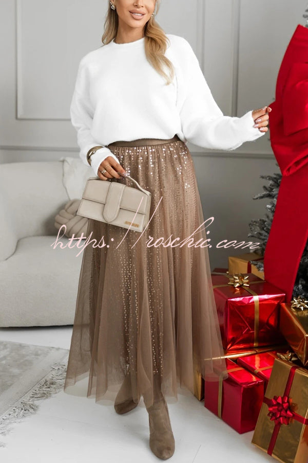 Party Daydream Sequin Tulle High Rise Elastic Waist Maxi Skirt