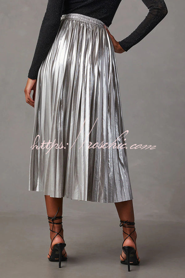 Yuletide Glow  Metallic Fabric Pleated Elastic Waist Midi Skirt