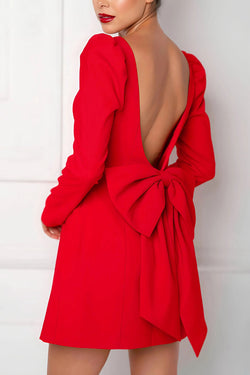 Gift for You Puff Shoulder Long Sleeve Back Bow Detail Mini Dress roschic Gift for You Puff Shoulder Long Sleeve Back Bow Detail Mini Dress roschic