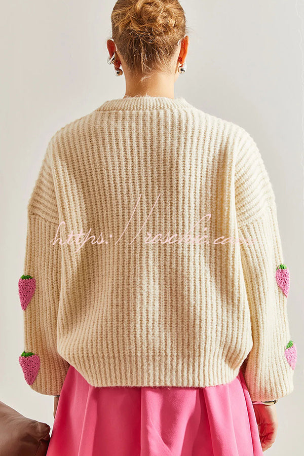 Stylish and Sweet V-neck Strawberry Embellished Knitted Cardigan