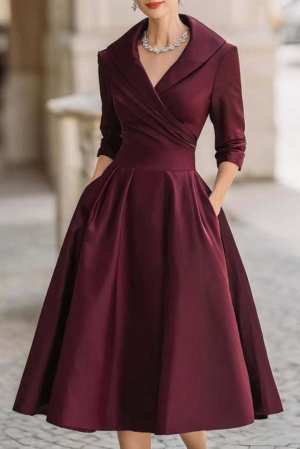 Solid Color Elegant Long Sleeve Waist Pocket Midi Dress