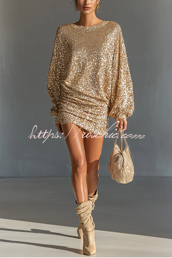 Glow Season Sequin Long Lantern Sleeve Ruched Hip Loose Mini Dress