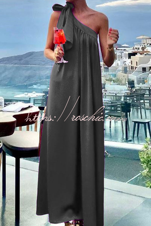 Beach Party Satin One Shoulder Bow Detail Loose Maxi Dress