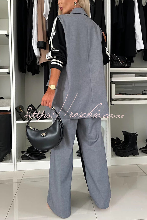 Pleasant Breathe Sweatshirt Patchwork Oversized Blazer and Elastic Waist Pocket Loose Pants Set