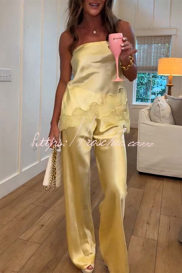 Odessa Satin Floral Lace Hem Strapless Tank and Mid Rise Wide Leg Pants Set