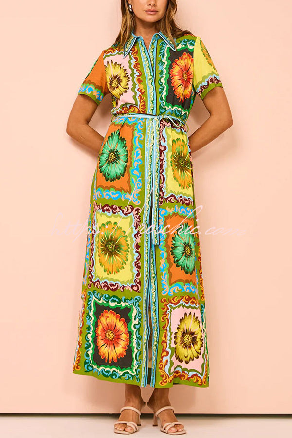 Exaggerated Unique Print Lace Up Button Maxi Dress