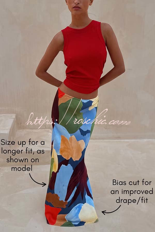 Bright and Bold Satin Abstract Color Blocks Print Elastic Waist Drape Maxi Skirt