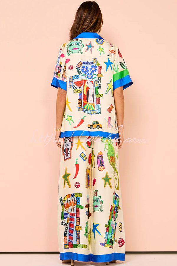 Vibrant Beach Satin Unique Print Colorblock Trim Elastic Waist Pocketed Wide Leg Pants