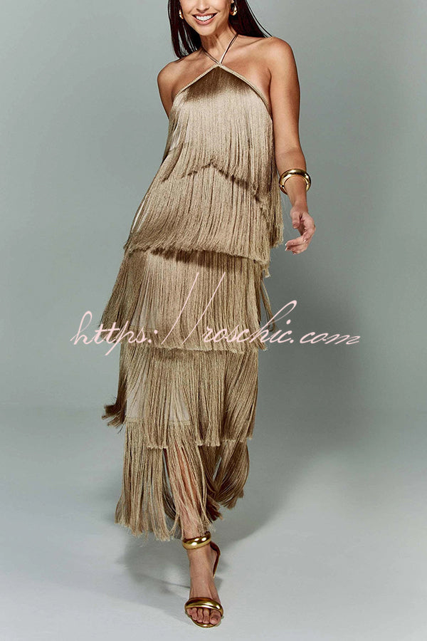 Sexy Halterneck Backless Elegant Fringe Maxi Dress