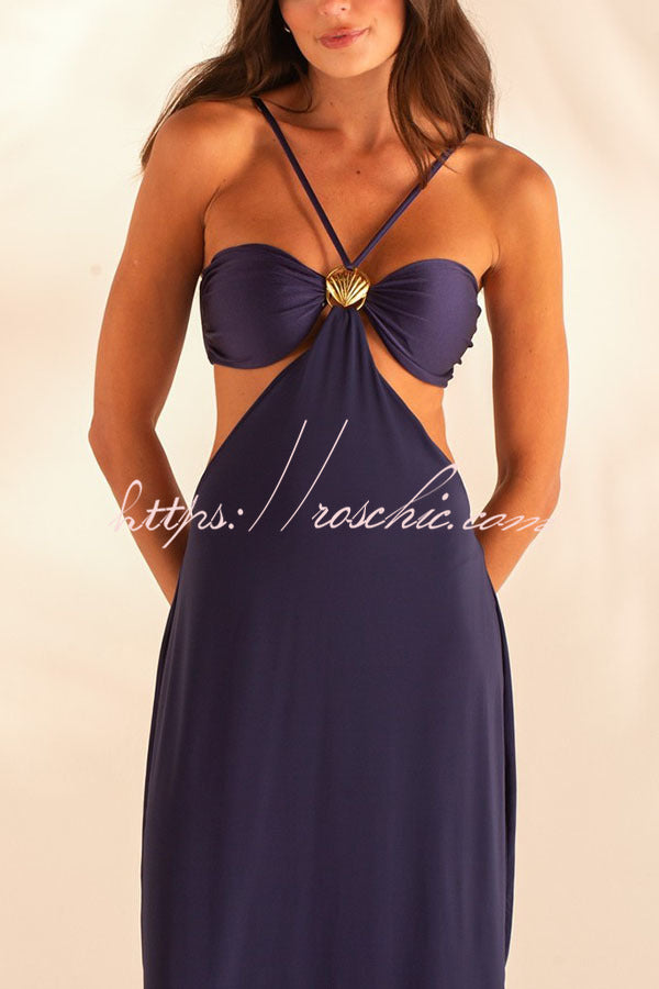 Metal Shell Straps Elastic Bikini and Slit Cover-up Dress Three-piece –  roschic