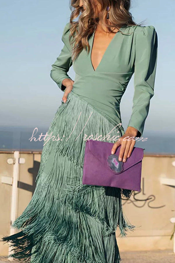 Solid Color V-Neck Long Sleeve Elegant Tassel Maxi Dress