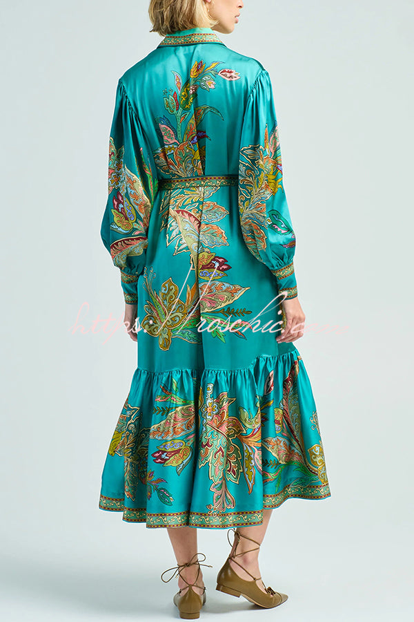 Resort Style satin Unique Printed Lapel Lantern Sleeve Lace-up Midi Dress