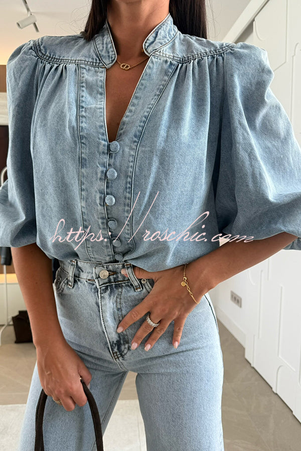 Fashion V-neck Button-down Lantern Sleeve Casual Denim Shirt