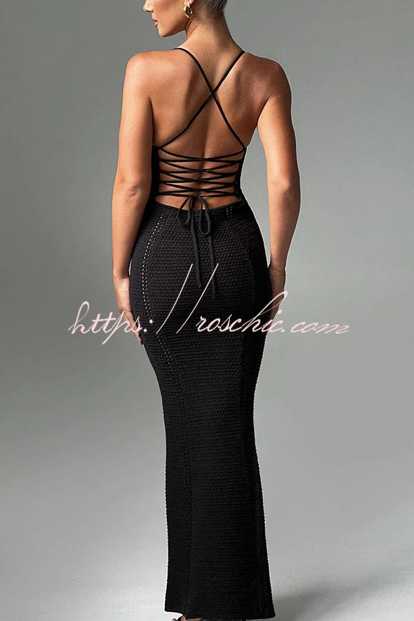 Warm Weather Favorite Knit Crochet Hollow Out Back Lace-up Stretch Maxi Dress