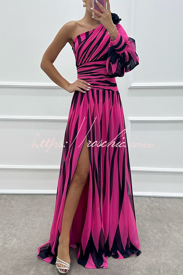 Purely Charming Printed Rose Pendant One Shoulder Pleated Slit Maxi Dress