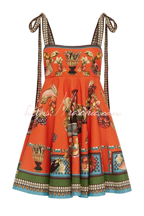 Linen Blend Unique Print Suspender Tie Casual Mini Dress