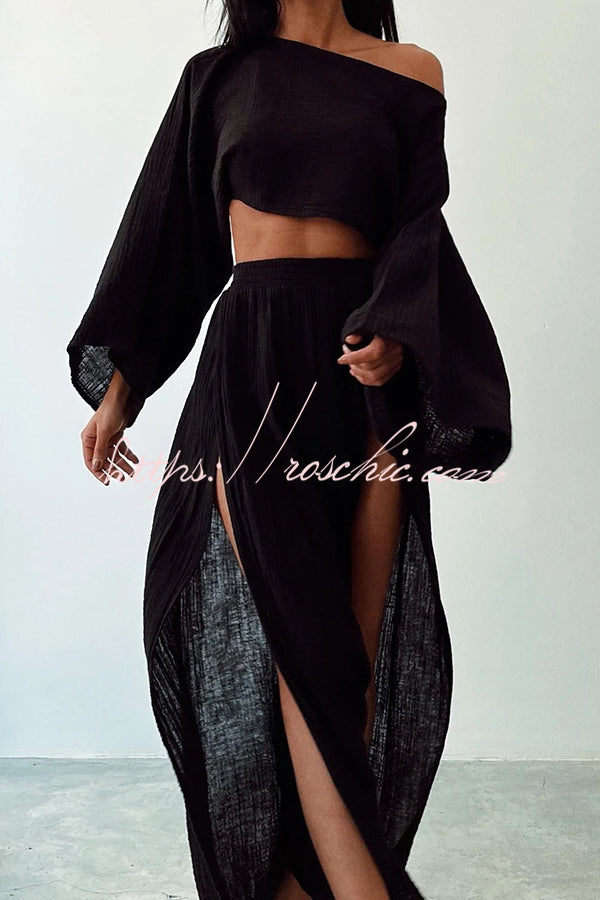 Boho Beach Linen Blend Wide Sleeve Blouse and Elastic Waist Double Slit Skirt Set