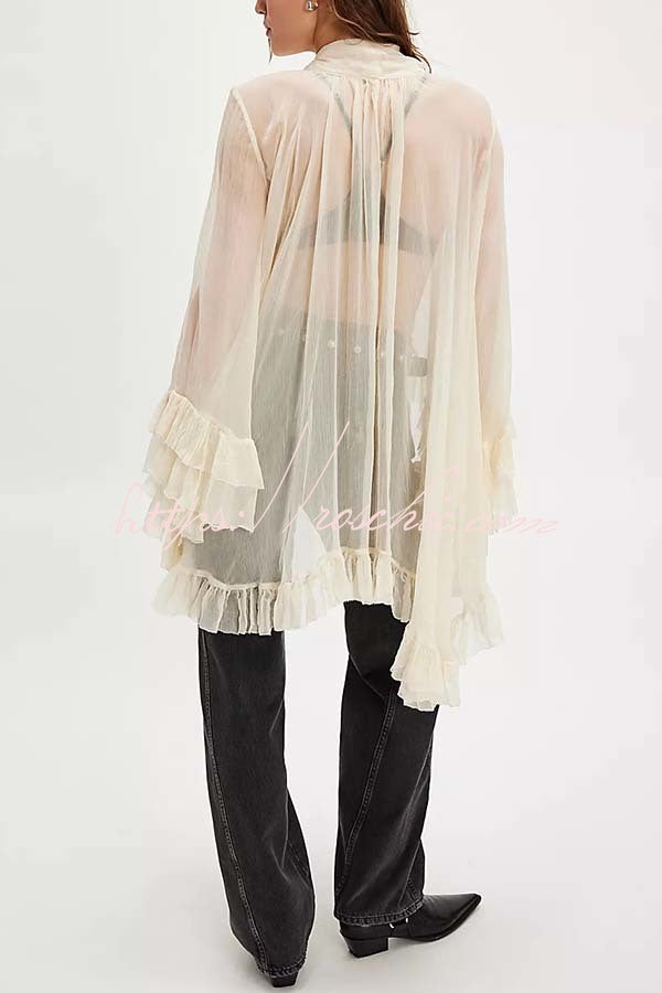 Flowy See-through Ruffle Tie-up Neck Bell Sleeve High-low Hem Cape Shirt