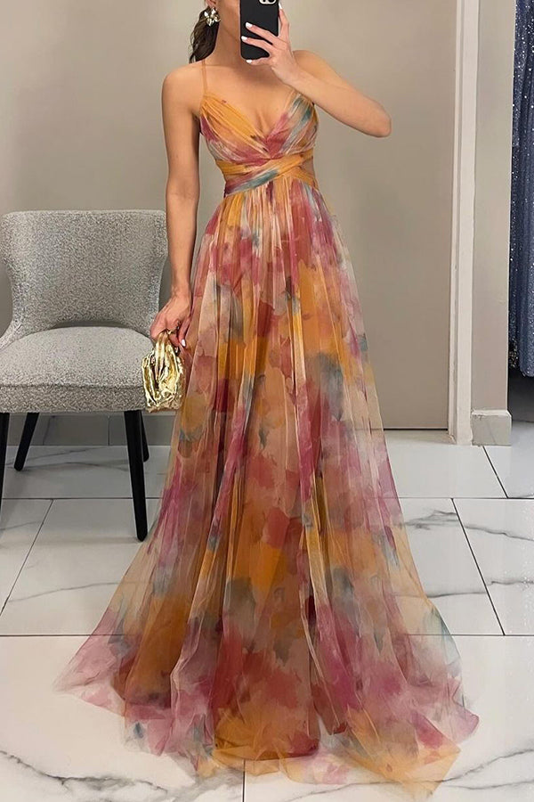 Giselle Tulle Render Floral Print Cutout Waist Back Lace-up Maxi Dress, Green / L