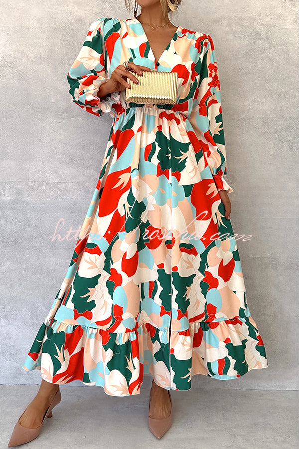 Colorful Printed V-neck Waist High Slit Ruffled Maxi Dress