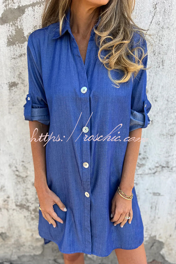 Solid Color Imitation Denim Casual Button Mid-length Shirt