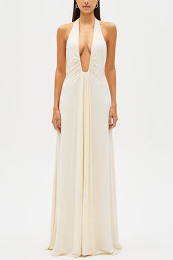 Sexy Silhouette Deep U-neck Halter Waterfall Sash Drape Maxi Dress