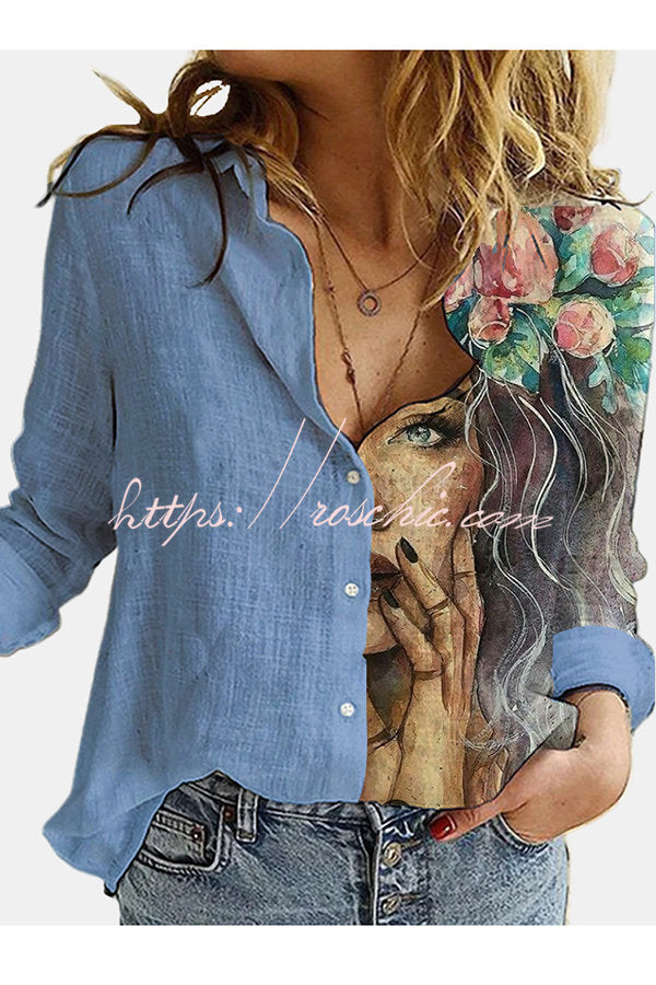 Figure Print Button Design Long Sleeve Casual Blouse