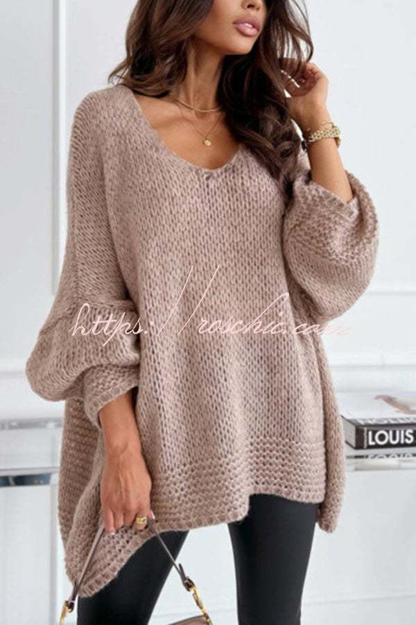 Solid Color Loose V-neck Casual Knitted Sweater