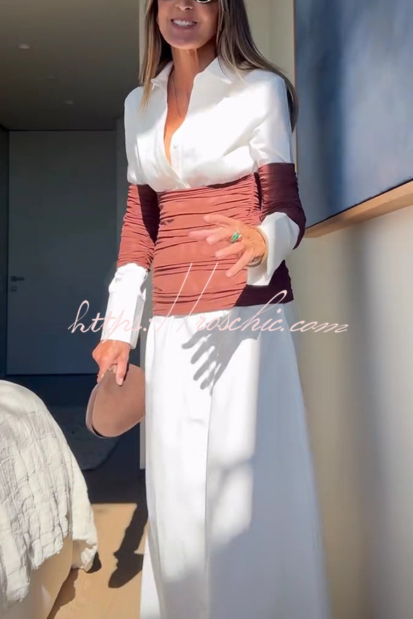 Fashionable Pleated Contrast Patchwork Waist Long Sleeve Button Shirt Maxi Dress
