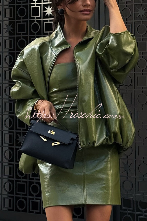 Solid Color Loose Long Sleeve Pocket Casual Leather Jacket