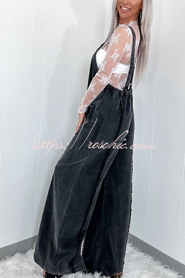 Vintage Washed Denim Raw Edge Elastic Waist Wide Leg Jumpsuit