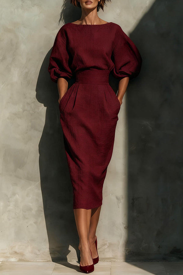 causal midi dress INSPIRE CHIC Women's Fall Long Sleeve Round Neck Casual Knit A-Line Midi Dress Small Wine Red