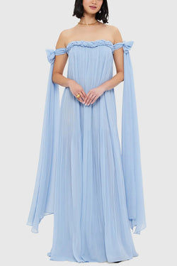 Fairy Spirit Tulle Braided Neckline Tie Arm Straps Pleated Maxi Dress