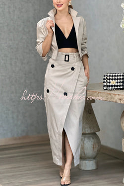 Work Style Lapel Long Sleeve Jacket and Button Belt Pocketed Slit Midi Skirt Set