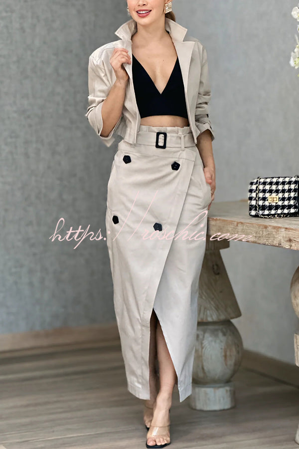 Work Style Lapel Long Sleeve Jacket and Button Belt Pocketed Slit Midi Skirt Set