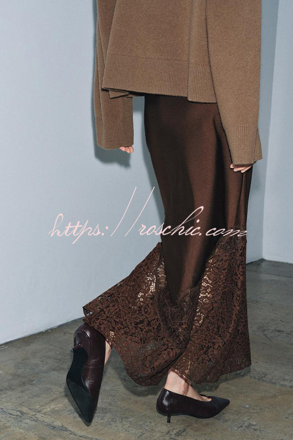 Cozy Sweet Darling Satin Lace Patchwork Mid Rise Slit Maxi Skirt