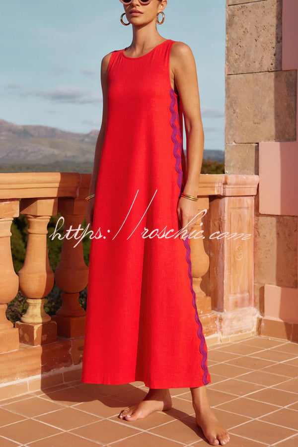 Vacation Villa Side Ric Rac Wave Trim Slit Loose Maxi Dress