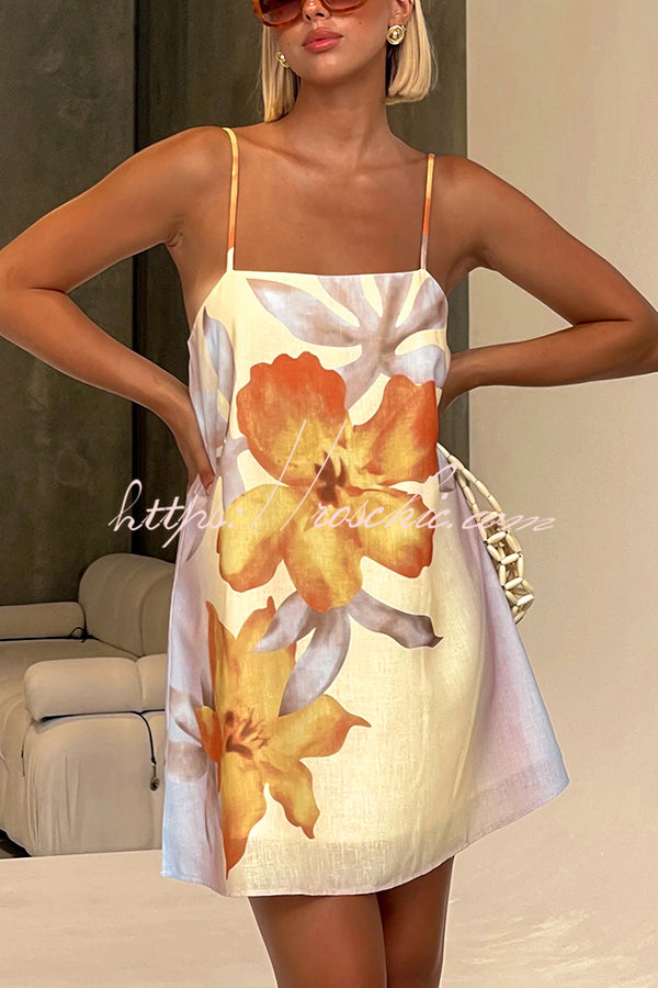 Summer Surprise Linen Blend Floral Print Slip H-line Mini Dress  roschic