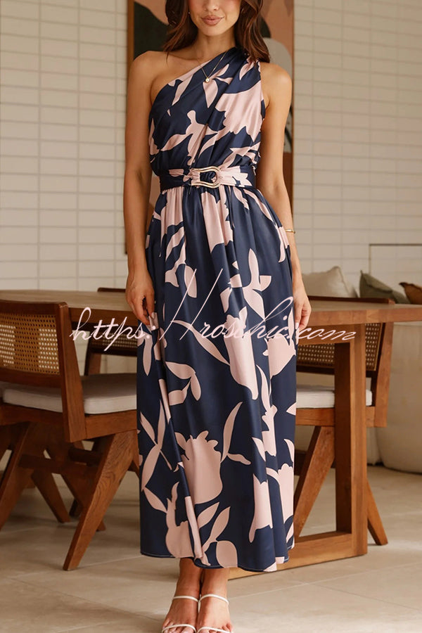 Unique Print Sleeveless One Shoulder Belted Maxi Dress