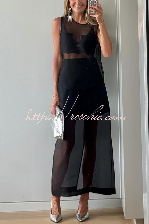 Embraces Modern Sheer Organza Pocket Oversized Tank and High Rise Slit Midi Skirt Set