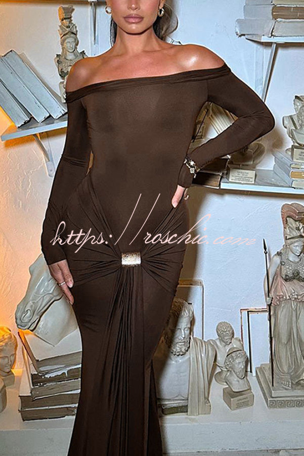 Naia Off Shoulder Long Sleeve Metal Buckle Adjustment Drape Stretch Maxi Dress