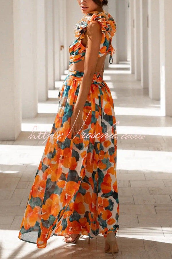 Lost in The Melody Chiffon Printed Flutter Sleeve Cutout Back Lace-up Maxi Dress