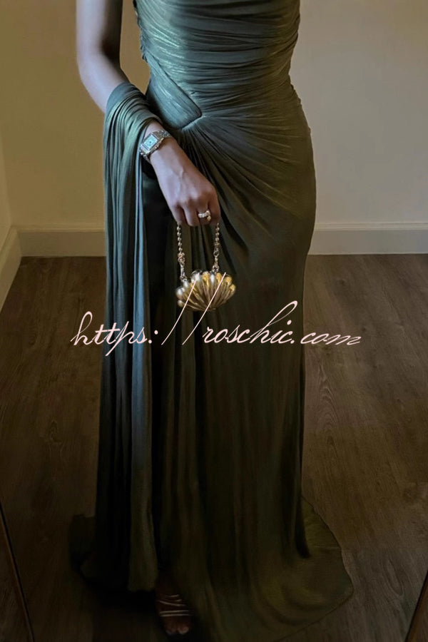 Fashion One-shoulder Pleated Ribbon Slim Slit Maxi Dress