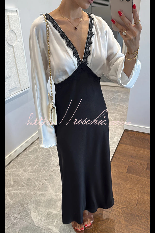 Lainei Contrast Color Satin Lace Trim V-neck Long Sleeve Maxi Dress