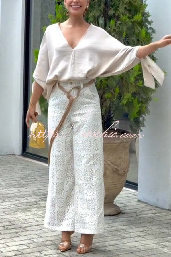 Joyful Bond Linen Blend V-neck Knotted Cuff Half Sleeve Loose Top