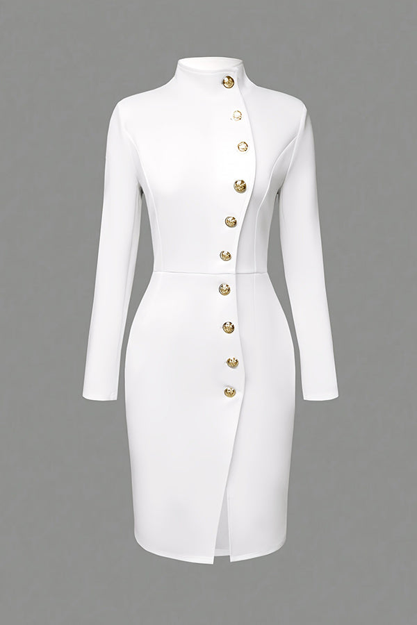 Solid Color Stand Collar Metal Button Slim Midi Dress